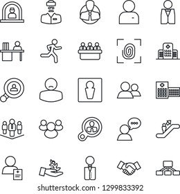 Thin Line Icon Set - escalator vector, male, reception, handshake, meeting, run, hospital, doctor, patient, client, speaker, group, user, manager desk, company, search, waiter, fingerprint, consumer