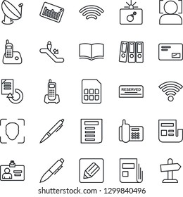 Thin Line Icon Set - escalator vector, bomb in case, identity card, book, pen, document, reload, office phone, barcode, satellite antenna, radio, mail, sim, notes, wireless, face id, news, reserved