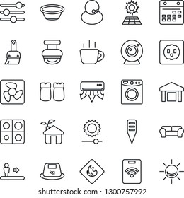 Thin Line Icon Set - escalator vector, coffee, plant label, support, warehouse, heavy, flammable, tuning, themes, calendar, brightness, application, stamp, sun panel, cushioned furniture, bowl, fan