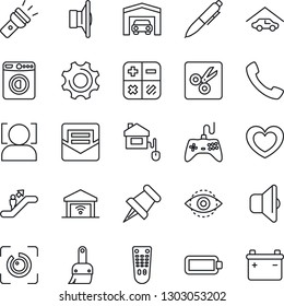 Thin Line Icon Set - escalator vector, washer, calculator, pen, heart, speaker, gamepad, remote control, paper pin, call, settings, themes, mail, torch, cut, face id, eye, battery, garage, home
