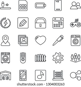 Thin Line Icon Set - escalator vector, washer, mobile phone, pen, fence, navigation, gamepad, group, heart, back, settings, sim, calendar, notes, lock, music, photo gallery, battery, charge, abacus