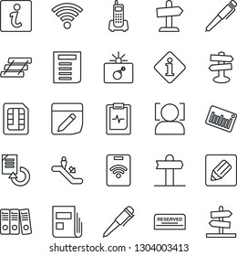 Thin Line Icon Set - escalator vector, bomb in case, pen, document, reload, pulse clipboard, signpost, office phone, barcode, sim, notes, wireless, face id, news, paper binder, tray, reserved