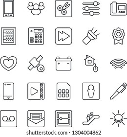 Thin Line Icon Set - escalator vector, male, heart, satellite, cell phone, group, fast forward, mobile, tuning, mail, record, scanner, sim, wireless, torch, cut, video, sertificate, abacus, pen