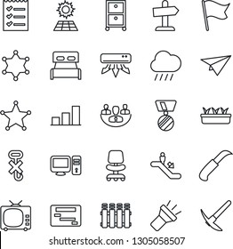 Thin Line Icon Set - escalator vector, office chair, medal, seedling, rain, garden knife, no hook, tv, torch, company, bar graph, checklist, archive box, sun panel, bedroom, air conditioner, pc