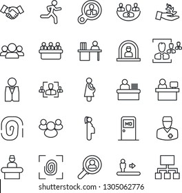 Thin Line Icon Set - escalator vector, reception, medical room, handshake, meeting, manager place, run, doctor, pregnancy, group, company, hr, desk, waiter, fingerprint, consumer search, hierarchy