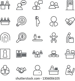 Thin Line Icon Set - escalator vector, female, baby, room, medical, handshake, speaking man, team, manager place, hospital, pregnancy, client, speaker, group, user, fingerprint id, desk, meeting