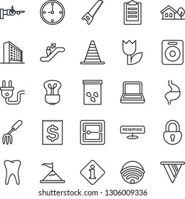 Thin Line Icon Set - escalator vector, border cone, boarding, office building, garden fork, saw, seeds, stomach, tooth, receipt, tulip, speaker, scanner, lock, clipboard, clock, notebook pc, bulb