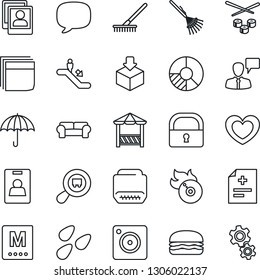 Thin Line Icon Set - escalator vector, speaking man, circle chart, rake, seeds, heart, diagnosis, umbrella, package, search cargo, flame disk, hdmi, message, mobile camera, lock, photo gallery, menu