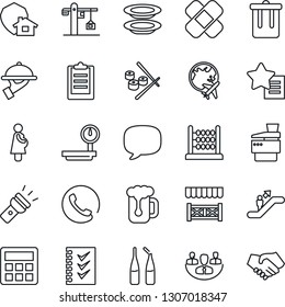 Thin Line Icon Set - escalator vector, trash bin, plane globe, ampoule, patch, pregnancy, heavy scales, favorites list, message, calculator, torch, clipboard, company, abacus, checklist, copier