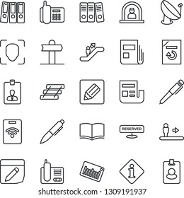 Thin Line Icon Set - escalator vector, reception, identity card, book, pen, document reload, signpost, office phone, barcode, satellite antenna, radio, notes, face id, news, paper binder, tray, pass