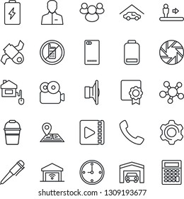 Thin Line Icon Set - escalator vector, no mobile, pen, bucket, navigation, satellite, speaker, share, group, low battery, phone back, call, camera, settings, user, video, sertificate, clock, garage