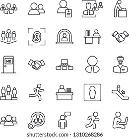 Thin Line Icon Set - escalator vector, male, baby room, reception, medical, handshake, speaking man, pedestal, run, doctor, patient, group, hr, manager desk, company, estate agent, fingerprint