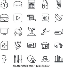 Thin Line Icon Set - escalator vector, ticket, presentation board, brainstorm, sproute, fertilizer, ampoule, satellite, client, tulip, warehouse, antenna, settings, remote control, play button, car