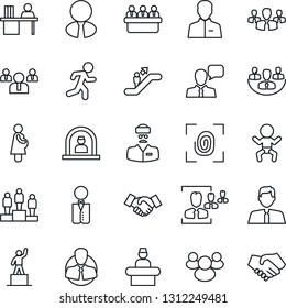 Thin Line Icon Set - escalator vector, baby, reception, handshake, pedestal, team, meeting, run, doctor, pregnancy, client, speaker, group, user, company, hr, manager desk, estate agent, waiter