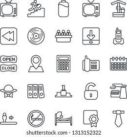 Thin Line Icon Set - escalator vector, no smoking, tv, meeting, calendar, factory, well, hospital bed, pin, office phone, vinyl, rewind, download, battery, sertificate, paper binder, career ladder