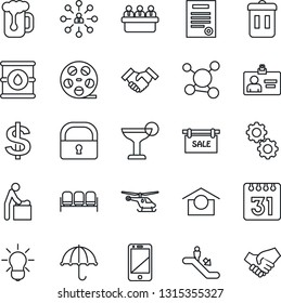 Thin Line Icon Set - escalator vector, waiting area, baby room, helicopter, identity card, hierarchy, dollar sign, meeting, molecule, umbrella, warehouse storage, oil barrel, reel, cell phone, lock
