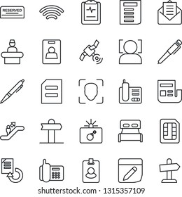 Thin Line Icon Set - escalator vector, bomb in case, reception, document, reload, pulse clipboard, signpost, office phone, satellite, radio, mail, sim, notes, wireless, face id, news, identity card