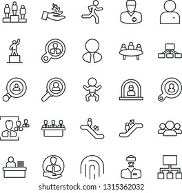 Thin Line Icon Set - escalator vector, baby, reception, pedestal, meeting, run, doctor, client, user, fingerprint id, hr, manager desk, search, estate agent, consumer, group, palm sproute, hierarchy