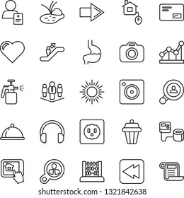 Thin Line Icon Set - escalator vector, right arrow, sun, abacus, pond, garden sprayer, heart, blood pressure, stomach, patient, camera, headphones, mail, rewind, mobile, point graph, company, dish