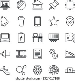 Thin Line Icon Set - escalator vector, left arrow, mobile phone, desk, traffic light, truck trailer, shield, film frame, laptop pc, share, paper pin, bell, monitor statistics, contract, house, chip