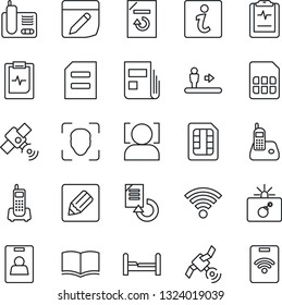 Thin Line Icon Set - escalator vector, bomb in case, book, document, reload, pulse clipboard, office phone, satellite, radio, sim, notes, wireless, face id, news, identity card, bedroom, information