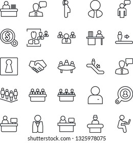 Thin Line Icon Set - escalator vector, female, reception, speaking man, team, meeting, manager place, pregnancy, speaker, user, hr, desk, client search, estate agent, waiter, handshake, money
