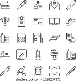 Thin Line Icon Set - escalator vector, signpost, identity card, book, pen, document reload, office phone, satellite, radio, mail, sim, notes, wireless, face id, news, paper tray