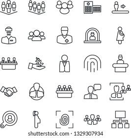 Thin Line Icon Set - escalator vector, reception, handshake, team, meeting, hospital, doctor, pregnancy, client, speaker, group, fingerprint id, hr, company, search, waiter, palm sproute, hierarchy