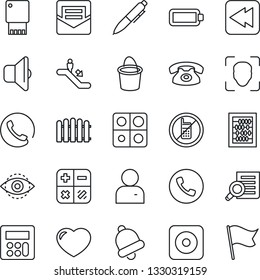 Thin Line Icon Set - escalator vector, phone, no mobile, calculator, document search, abacus, pen, fence, bucket, heart, rewind, rec button, user, bell, mail, face id, eye, battery, application