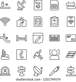Thin Line Icon Set - escalator vector, signpost, bomb in case, reception, document reload, pulse clipboard, barcode, satellite antenna, radio phone, mail, sim, notes, wireless, face id, paper tray