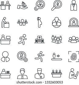 Thin Line Icon Set - escalator vector, baby room, reception, team, manager place, run, hospital, doctor, pregnancy, client, desk, meeting, estate agent, waiter, fingerprint, consumer search, group