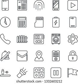 Thin Line Icon Set - escalator vector, fence, navigation, cell phone, play button, pause, mobile, back, call, settings, clock, stopwatch, mail, sd, torch, mute, fingerprint id, application, lock
