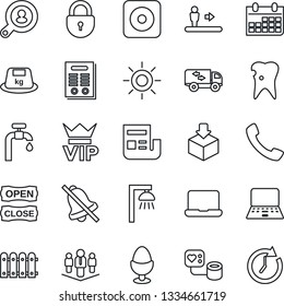 Thin Line Icon Set - escalator vector, vip, lock, notebook pc, calendar, sun, blood pressure, caries, package, heavy, rec button, call, mute, news, contract, company, water supply, fence, moving
