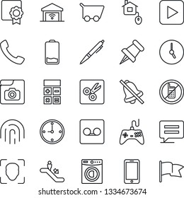 Thin Line Icon Set - escalator vector, no mobile, phone, calculator, gamepad, paper pin, low battery, play button, call, message, clock, record, mute, cut, face id, fingerprint, photo gallery, pen