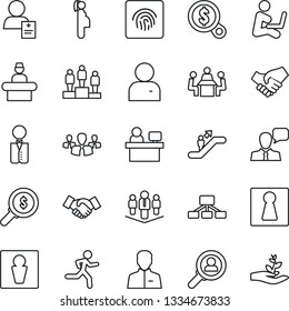 Thin Line Icon Set - escalator vector, male, female, reception, handshake, pedestal, manager place, run, patient, pregnancy, speaker, user, fingerprint id, meeting, company, waiter, consumer search