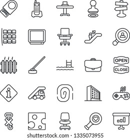 Thin Line Icon Set - escalator vector, stamp, ladder car, seat map, office building, chair, hoe, heart diagnostic, signpost, phone, no hook, gamepad, tv, pool, client search, heater, open close