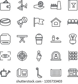 Thin Line Icon Set - escalator vector, waiting area, reception, seat map, watering can, bucket, picnic table, pills, pregnancy, cargo container, microphone, hdmi, target, house, windmill, factory