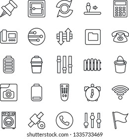 Thin Line Icon Set - escalator vector, phone, fence, bucket, satellite, settings, remote control, paper pin, battery, low, alarm, scanner, network, folder, data exchange, wireless, photo gallery