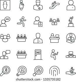 Thin Line Icon Set - escalator vector, male, medical room, pedestal, team, meeting, manager place, run, doctor, patient, pregnancy, client, speaker, group, user, fingerprint id, search, money