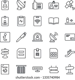 Thin Line Icon Set - escalator vector, signpost, reception, flight table, identity card, book, document, reload, pulse clipboard, office phone, satellite antenna, mail, sim, pen, reserved, pass
