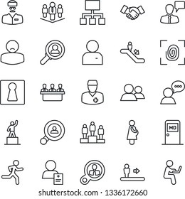 Thin Line Icon Set - escalator vector, female, medical room, handshake, speaking man, pedestal, run, doctor, patient, pregnancy, speaker, group, user, meeting, company, client search, fingerprint
