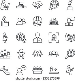 Thin Line Icon Set - escalator vector, baby, room, pedestal, team, meeting, hospital, pregnancy, client, speaker, group, user, hr, fingerprint, consumer search, handshake, money, hierarchy