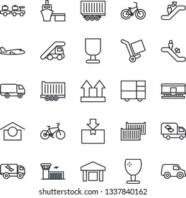 Thin Line Icon Set - escalator vector, baggage larry, ladder car, plane, airport building, bike, truck trailer, cargo container, delivery, sea port, consolidated, fragile, warehouse storage, package