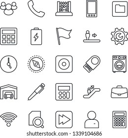 Thin Line Icon Set - escalator vector, case, abacus, group, fast forward, rec button, mobile, call, user, calculator, clock, folder, wireless, compass, root setup, document search, pen, garage, flag