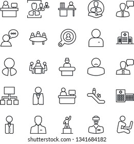 Thin Line Icon Set - escalator vector, reception, speaking man, pedestal, meeting, manager place, hospital, doctor, patient, client, speaker, user, hr, desk, search, estate agent, waiter, hierarchy