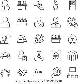 Thin Line Icon Set - escalator vector, medical room, handshake, meeting, doctor, patient, pregnancy, client, speaker, group, user, fingerprint id, manager desk, estate agent, consumer search, money