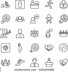 Thin Line Icon Set - escalator vector, male, baby, reception, speaking man, manager place, run, pregnancy, client, speaker, user, fingerprint id, hr, meeting, company, search, estate agent, consumer