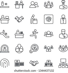 Thin Line Icon Set - escalator vector, baby room, reception, handshake, team, manager place, run, hospital, doctor, client, group, fingerprint id, company, desk, meeting, waiter, consumer search