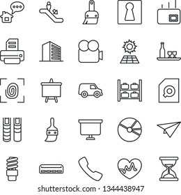 Thin Line Icon Set - escalator vector, female, luggage storage, office building, presentation board, printer, heart pulse, video camera, call, themes, pie graph, document search, book, mail, alcohol