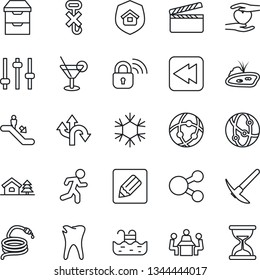 Thin Line Icon Set - escalator vector, hose, run, heart hand, caries, route, no hook, clapboard, network, rewind, archive chest, tuning, notes, meeting, house with tree, pond, pool, estate insurance